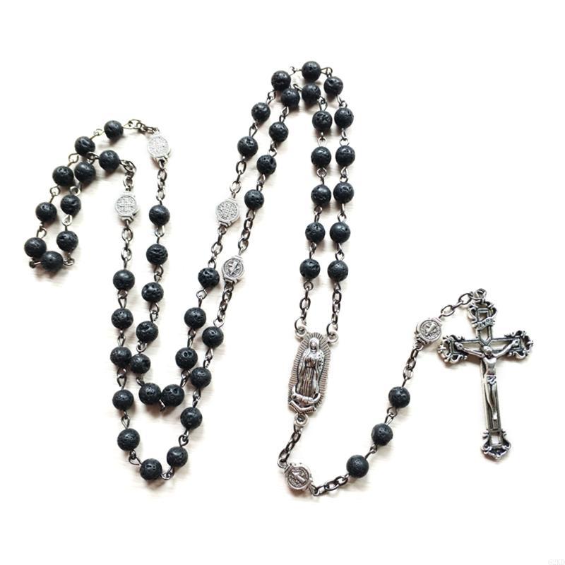 62KD Rosary Beads Long Necklace with Jesus Christ Crucifix for Cross Catholic Prayer Pendant Party Gift for Men Women