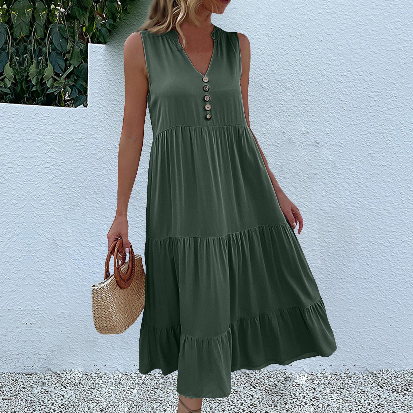 

Женское летнее модное свободное платье-майка, повседневные платья без рукавов однотонной расцветки M зелёный