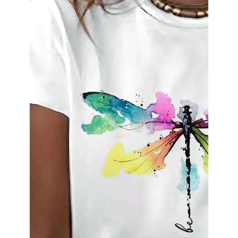 European Size Casual T-Shirt with a New Design, Featuring a 3D Dragonfly Art Print And Letters, Short Sleeves, And a Round Neckline for Women