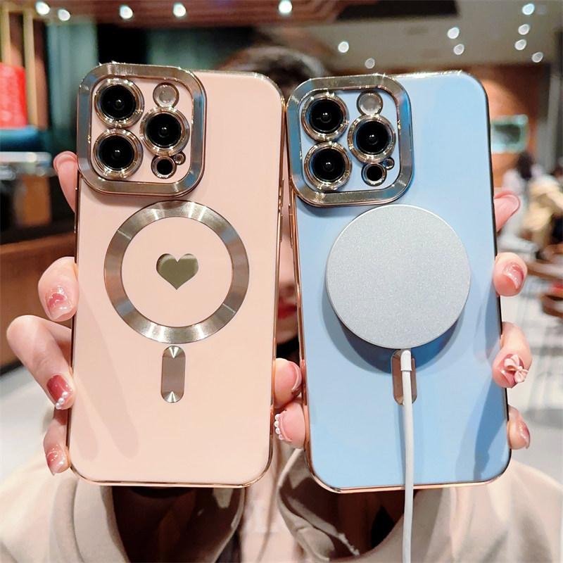 Love Heart Wireless Charging Phone Case For Iphone 14 13 12 11 Pro Max 14 Plus 14pro Shockproof Plating Magnetic Soft Back Cover