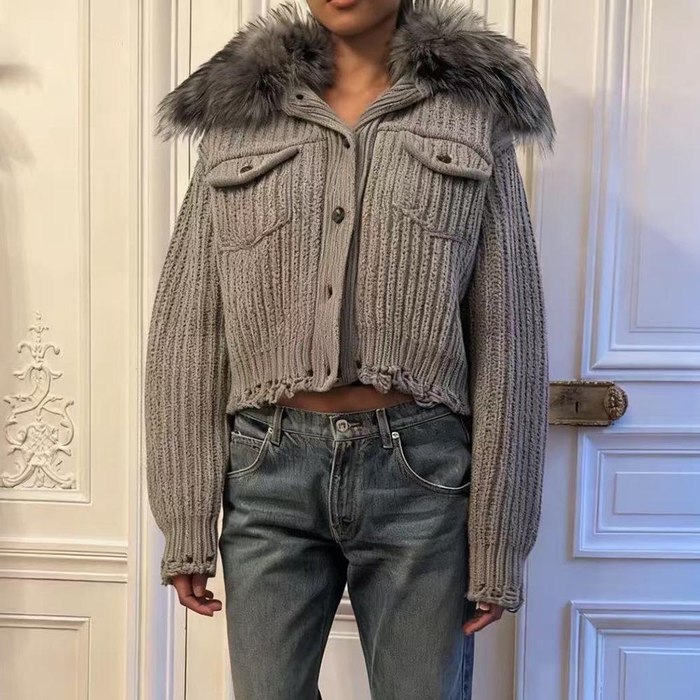 Women's Summer 2026 Knit Cardigan with Detachable Fur Collar