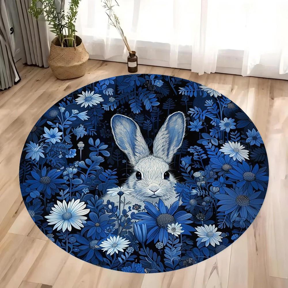 Three Rabbits Round Carpet Easter Flower Rabbit Pattern Non-slip Area Carpet Bedroom and Living Room Carpet Floor Decorative Pad