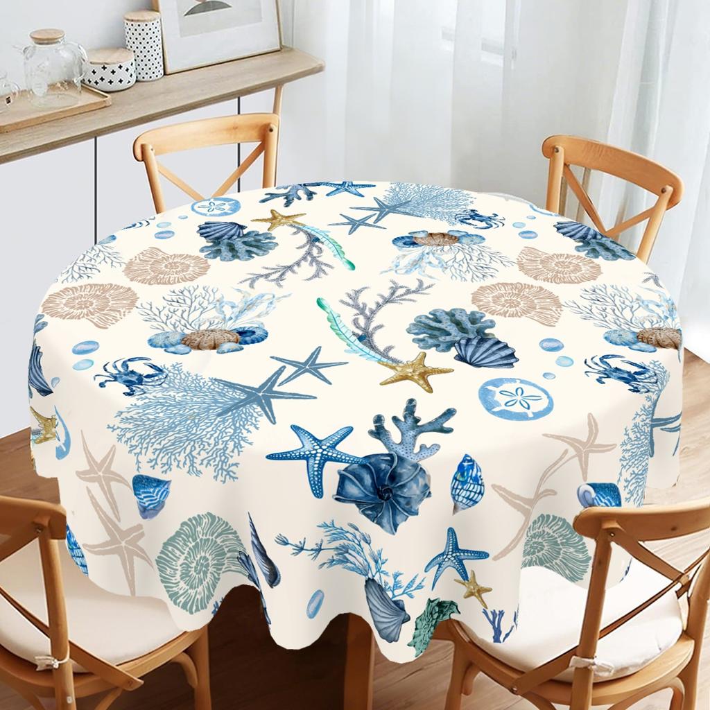 Marine Tablecloth Coral Starfish Design Polyester Table Cover for Ocean Theme Birthday Party Supplies Spring Holiday Table Decor
