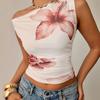 Women's One Shoulder Sleeveless Crop Top Slim Fit Floral Print Sexy Casual Tank Top