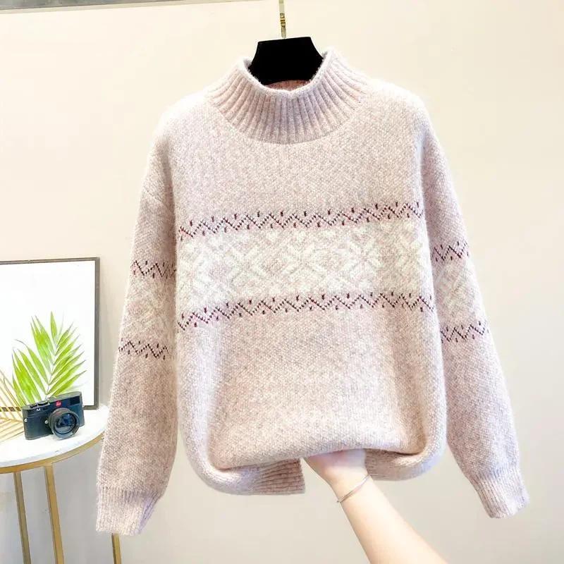 Sweater for Women Autumn Winter Thickened Pullover Warm Knitted Striped High Collar Stretchy Long Sleeve Oversize Jumper Tops