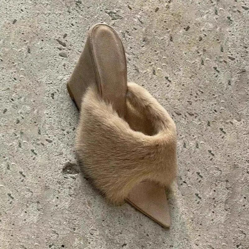 Women Slippers Winter Fluffy Slippers Fashion Pointed Toe Wedges Heel Slippers Winter Plush Warm Cotton Slipper Chaussons Femme