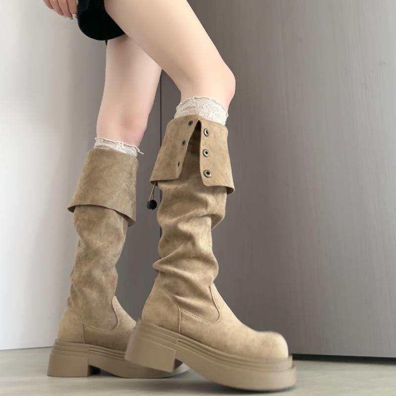 Klapp-Wildleder-Kniehohe Stiefel Hoher Absatz Herbst und Winter 2025 Neue Dicksohlige Kleine Stiefel Damen Maillard