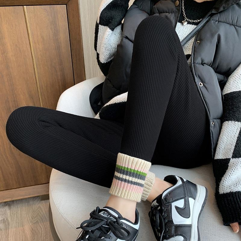 Lamb Wool Leggings Women's Outer Wear Fleece Thickened Autumn and Winter Collision Color Mouth Warm Cotton Pants Gray High-waisted Long Johns