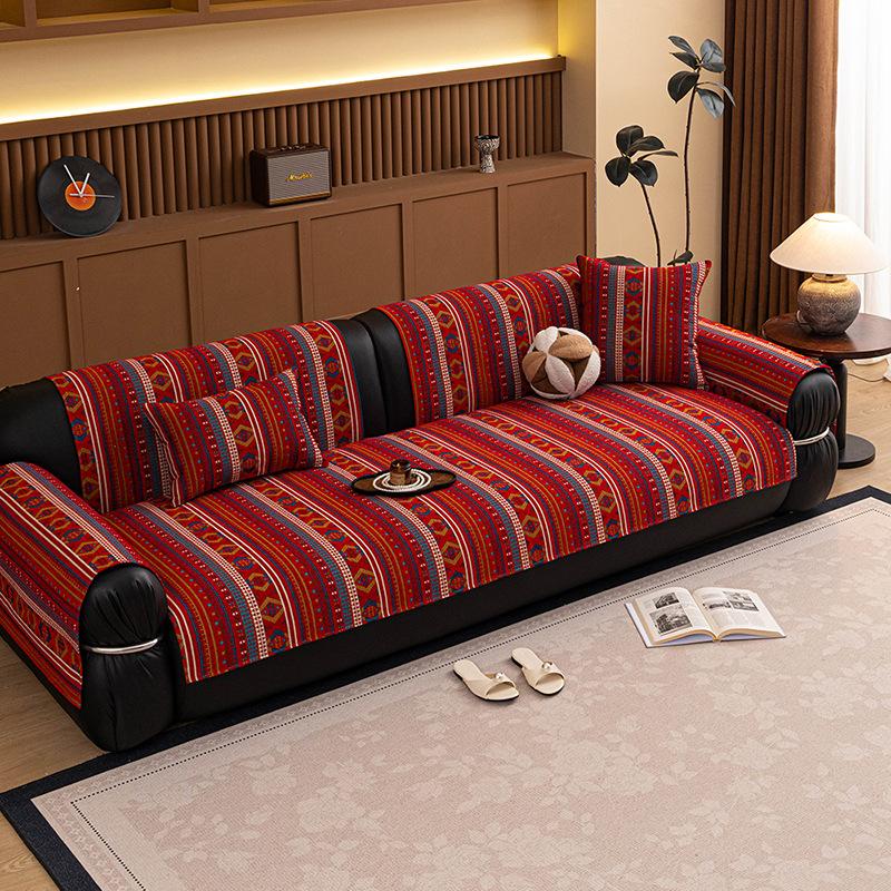 Ethnic Style Sofa Blanket Sofa Cushion Anti Slip Couch Cover Dark Color Series Easy To Clean Suitable For Various Scenarios 1Pcs