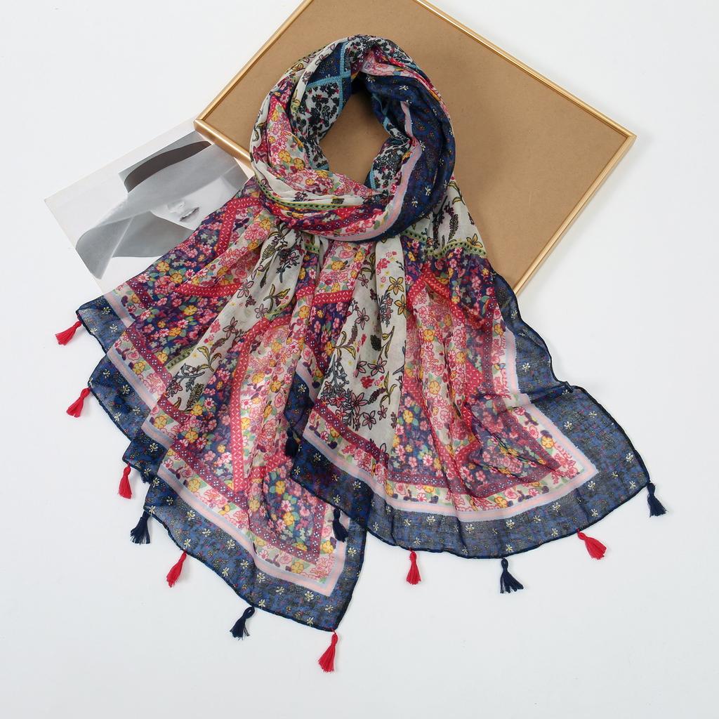 Cross Border New Elegant Versatile Paisley Cashew Print Scarf Women Handmade Hanging Beard Cotton Linen Shawl Thin Long