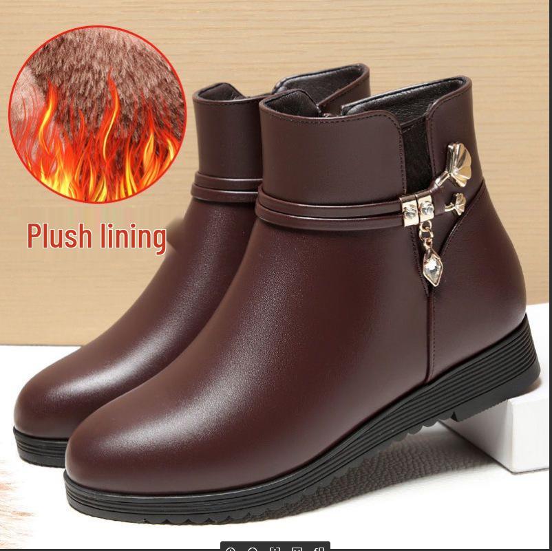 Dámské bavlněné kotníkové boty: Měkká kůže, nízký podpatek, plus samet na podzim a zimu 2021