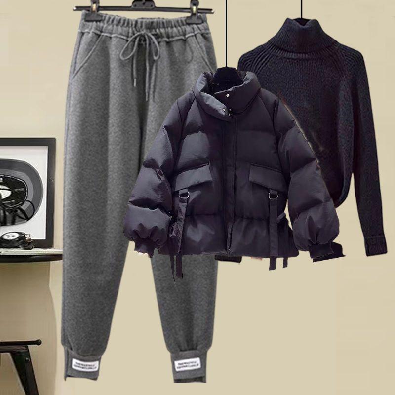 Dámský Módní Třídílný Oblek Zimní Bunda z Prachového Peří s Bavlněnou Výplní, Vatovaná Bunda, Silný Svetr, Ležérní Tepláky