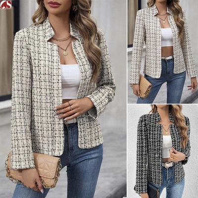 Women's Beige Black Checkered Tweed Short Blazer