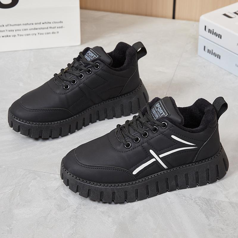 Women's Winter Chunky Platform Sneakers With Faux Fur Lined Warm Non-Slip Snow Boots Lace-Up Tennis Walking Shoes for Women Faux Leather Short Booties