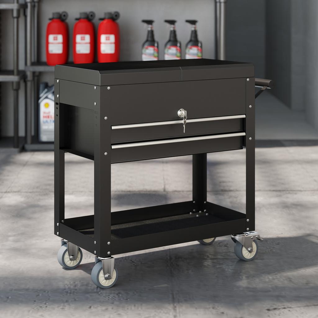 Rolling Tool Cabinet, Tool Chest with Drawers, Work Surface, Lockable, with Handle, Steel, Black