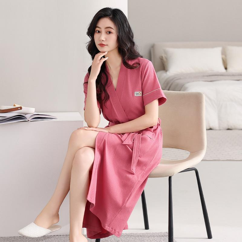nightgown women's summer cotton short-sleeved bathrobe pajamas thin summer large size long one-piece bathrobe loungewear