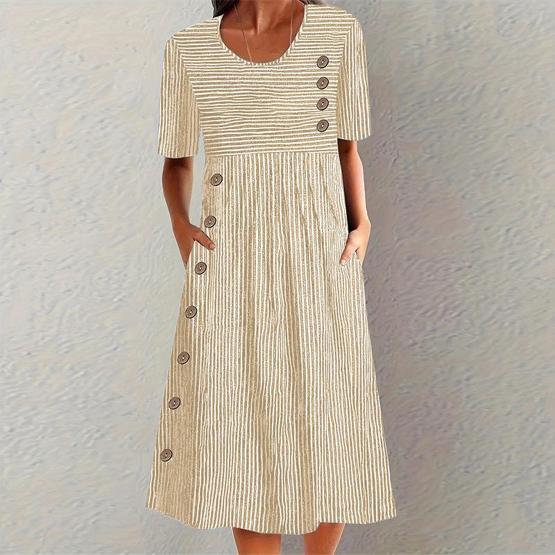 

Fashion new cotton and linen striped loose version short-sleeved crew neck dress XXL хакі