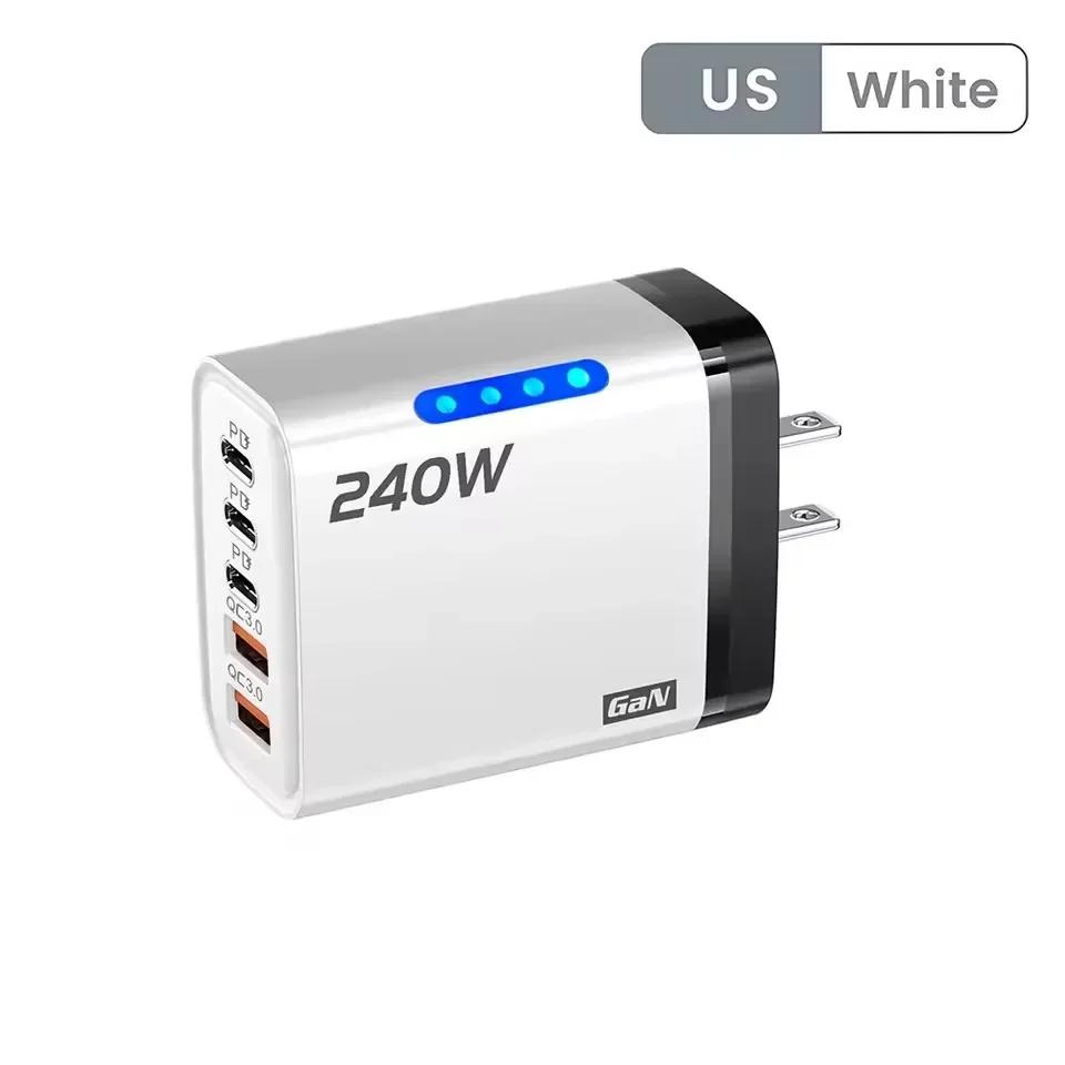 1Pcs240w Gan Fast Charger 5 In 1 With Led Light 2usb+3type-C Multi Port Phone Charger For Iphone VIVO OPPO Samsung Huawei Xiaomi