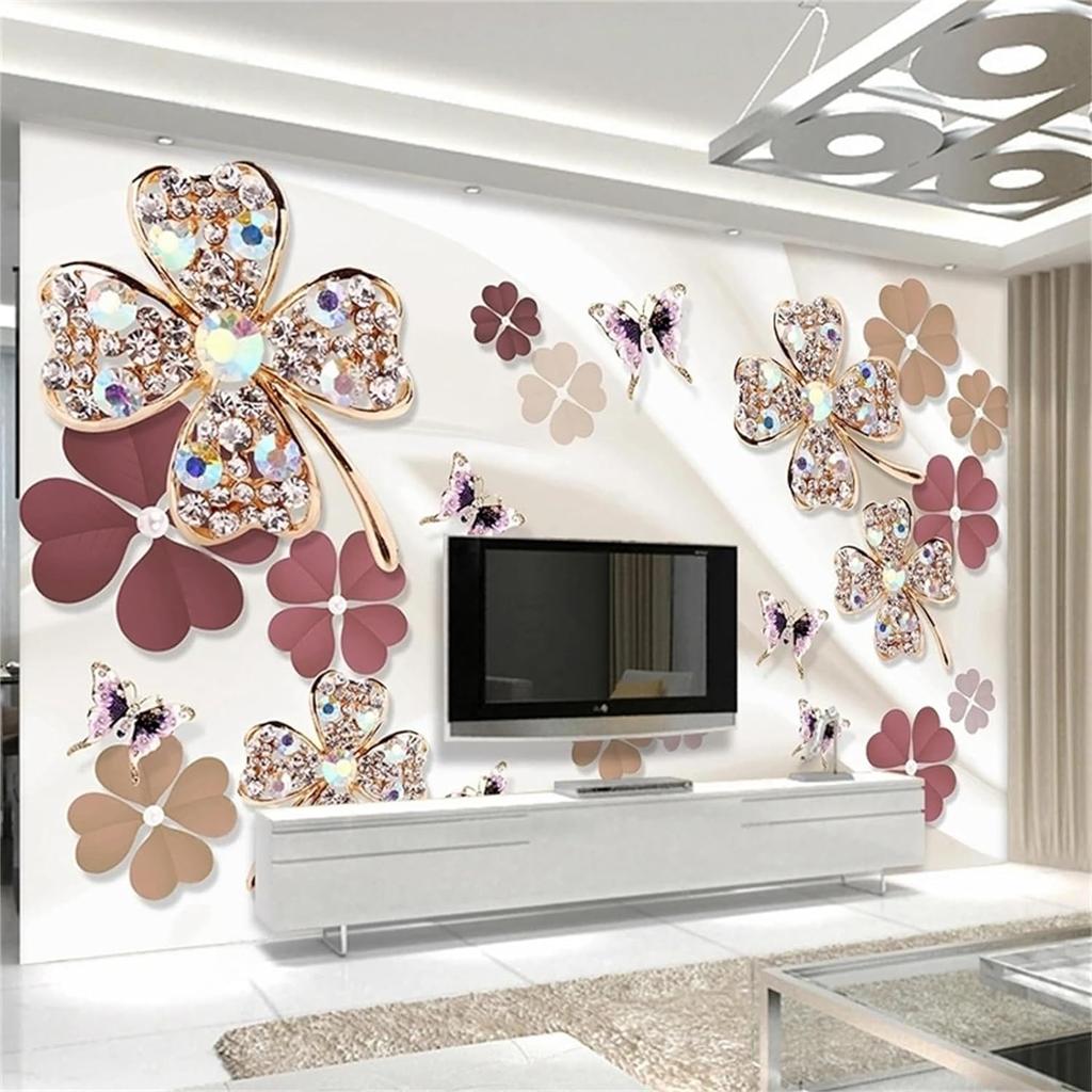 Diamond Flower Wallpaper Butterfly Jewels Wall Murals, European Style Living Room Bedroom Large Size Wallpaper