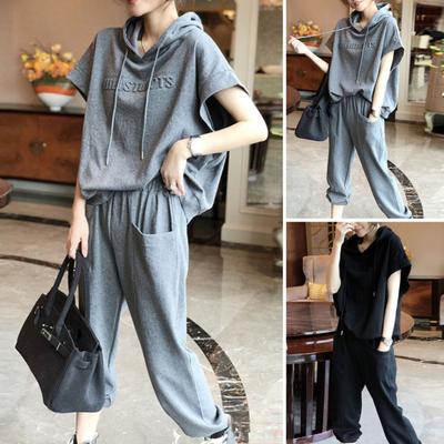 2 Pcs/Set Hoodie Pants Set Drawstring Solid Color Short Sleeve Elastic Waist Pockets Hooded Loose Ankle-banded Lady Casual Top Trousers Set