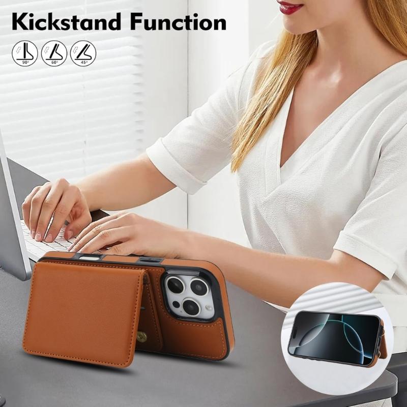 Magnetic Closure Cover for Phone 16 Series Kickstand Case with Card Holder Lanyard Shoulder Strap