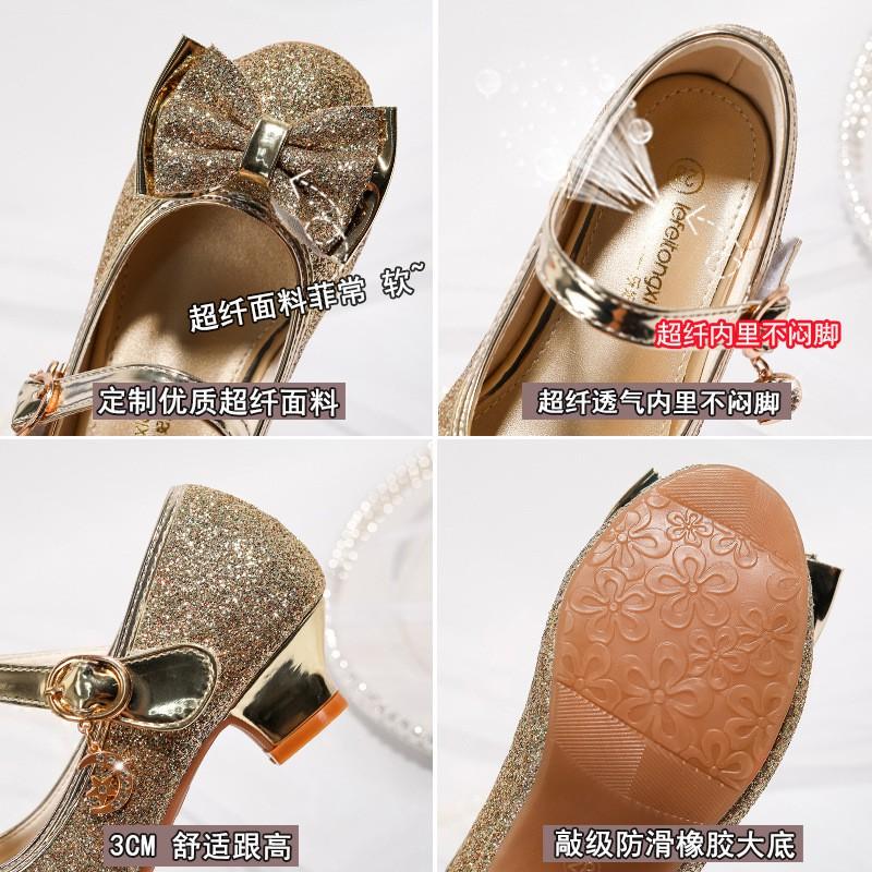 Girls Glitter Bow High Heel Princess Shoes Kids Party Crystal Performance Dress