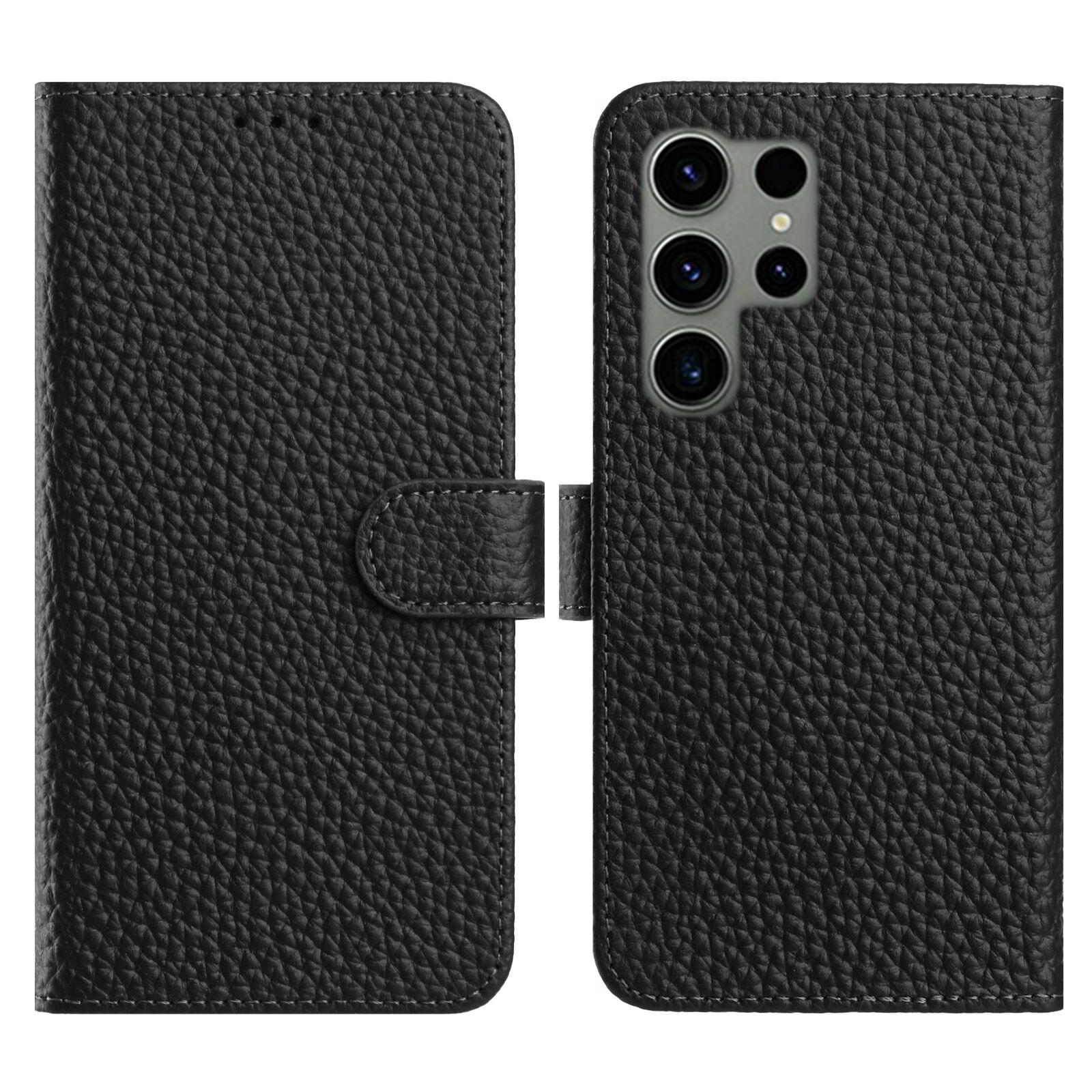 

For Samsung Galaxy S25 Ultra Case Wallet Stand Litchi Texture Genuine Cow Leather Flip Phone Cover Black
