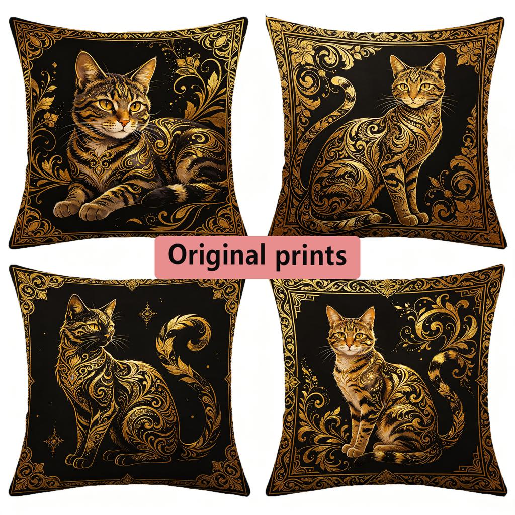 Vintage Gold Filigree Cat Decorative Throw Pillow Covers Pattern Cushion Cover Suitable For Sofa Bedroom Car Pillow Cover