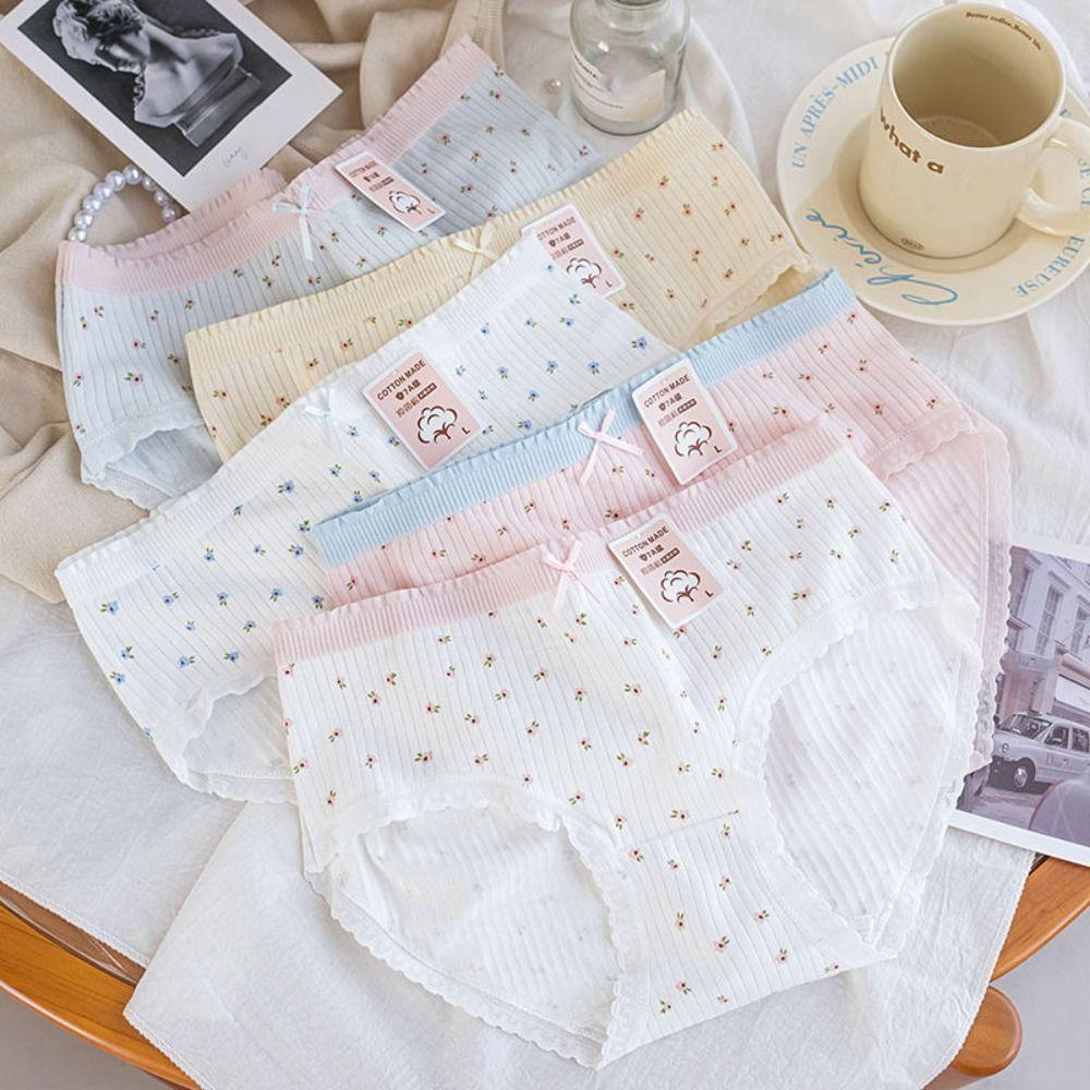 5Pcs Cotton Crotch Lace Flower Panties Bowknot Underwear for Women Soft Sweet Floral Briefs  Gifts