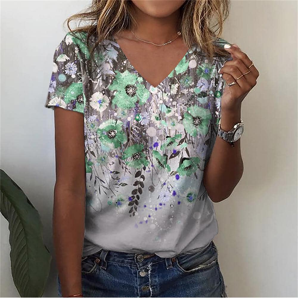 Flower Floral 3D Print T-Shirts Women Streetwear Summer Harajuku T Shirt Y2k Tops V-Neck Tees Woman Female Oversized Clothing
