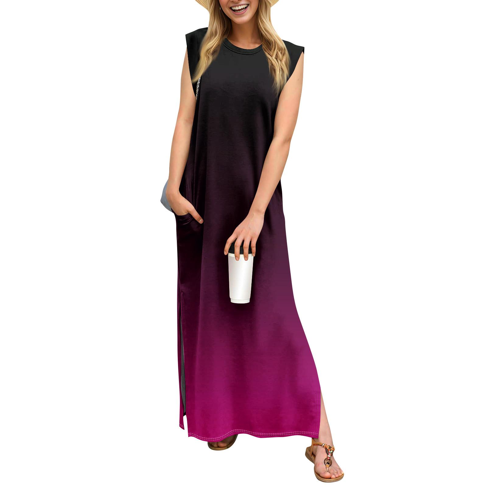 

Летние платья для женщин с круглым вырезом, повседневные свободные, с принтом, без складок, длинное пляжное платье макси с карманами L горячий розовый