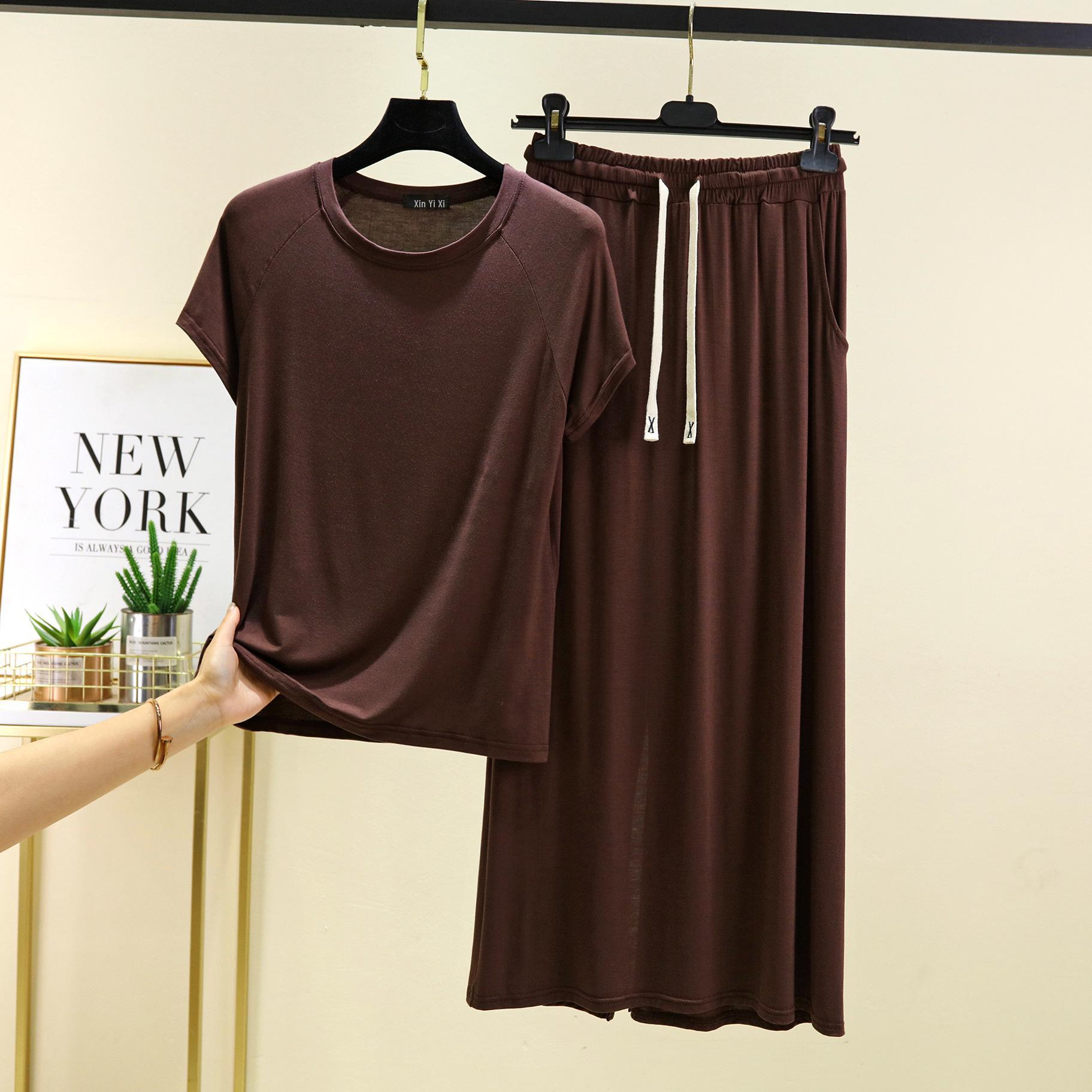 

Женский однотонный комплект миди-юбки с коротким рукавом - Новый корейский стиль, повседневный летний костюм-двойка для дома L