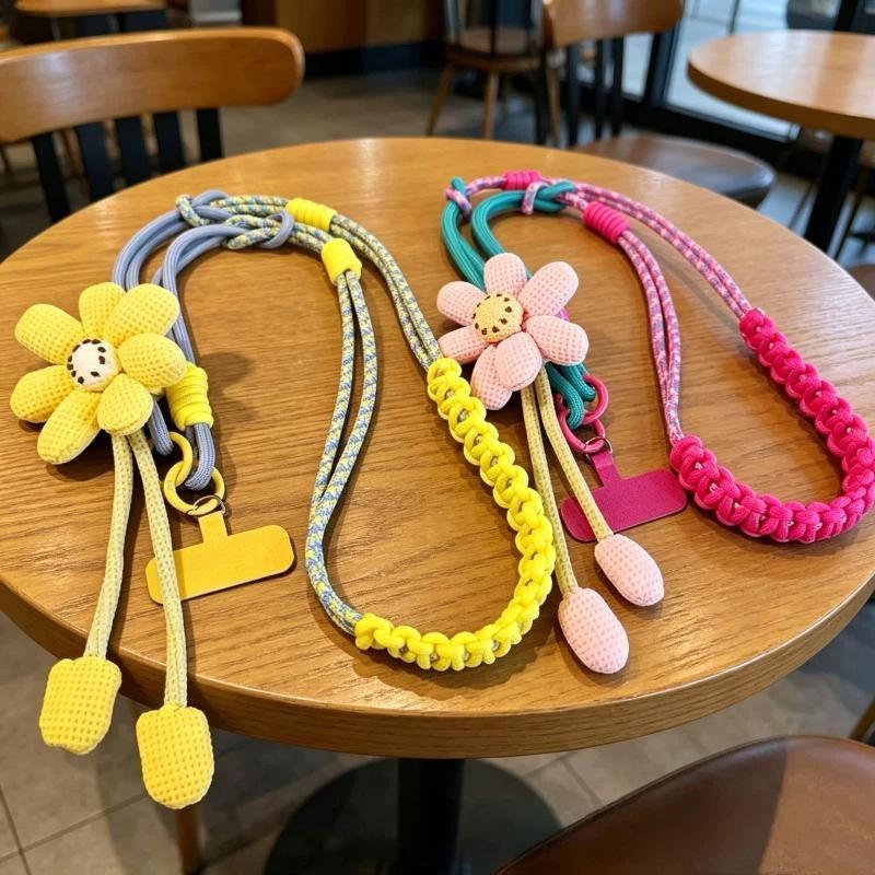 1Pcs Cute Flower Decor Adjustable Phone Lanyard Durable Braided Strap For Daily Outing Shopping Travel Anti Lost Accessory