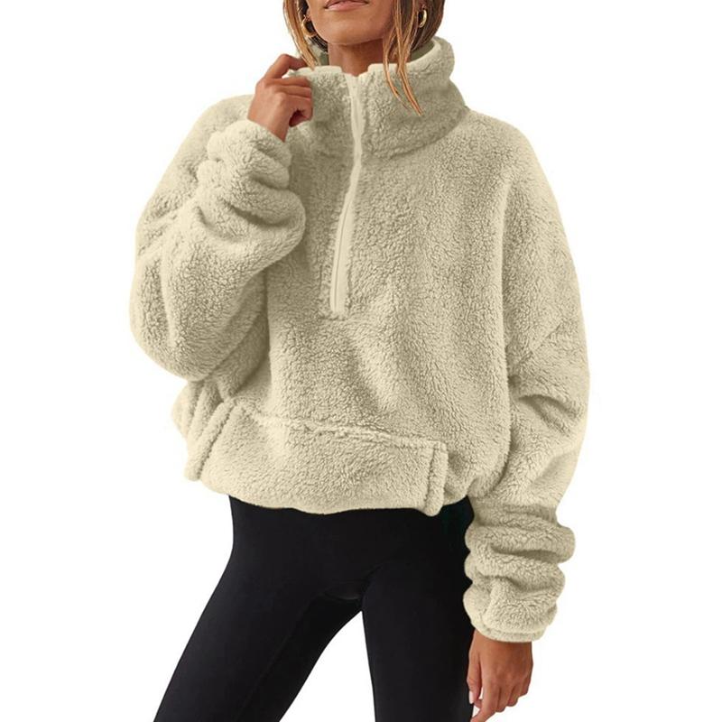 Damen Herbst Winter Plüsch Halber Reißverschluss Stehkragen Tasche Pullover Fleece Sweatshirt