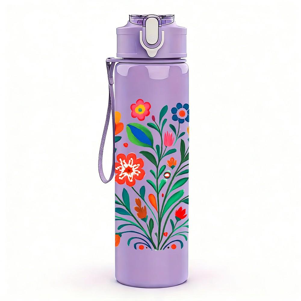 1PC Bright Folk Style Flower Bouquet Print 750ml Color Plastic Sports Water Bottle Leakproof Flip Straw Lid Suitable for Sports Office Home Use