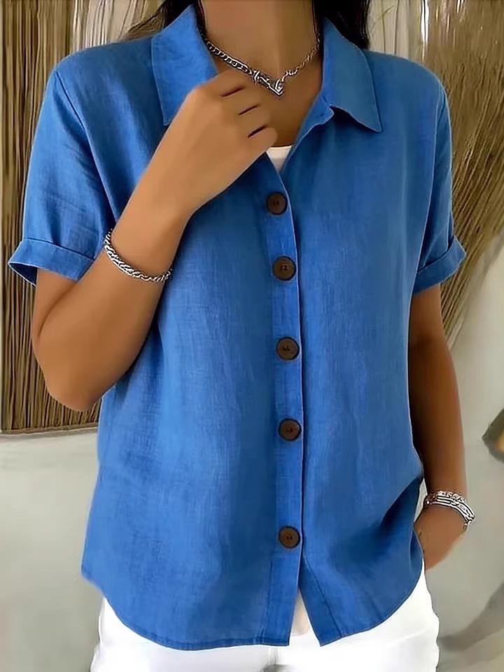 2026 European-American Summer Solid Color Lapel Button Casual Loose Short Sleeve Shirt