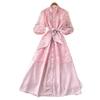 Lace A-word Embroidered Hollow Dress Women's Spring and Summer Long Sleeves Waist Thin Commuter Dress Pink