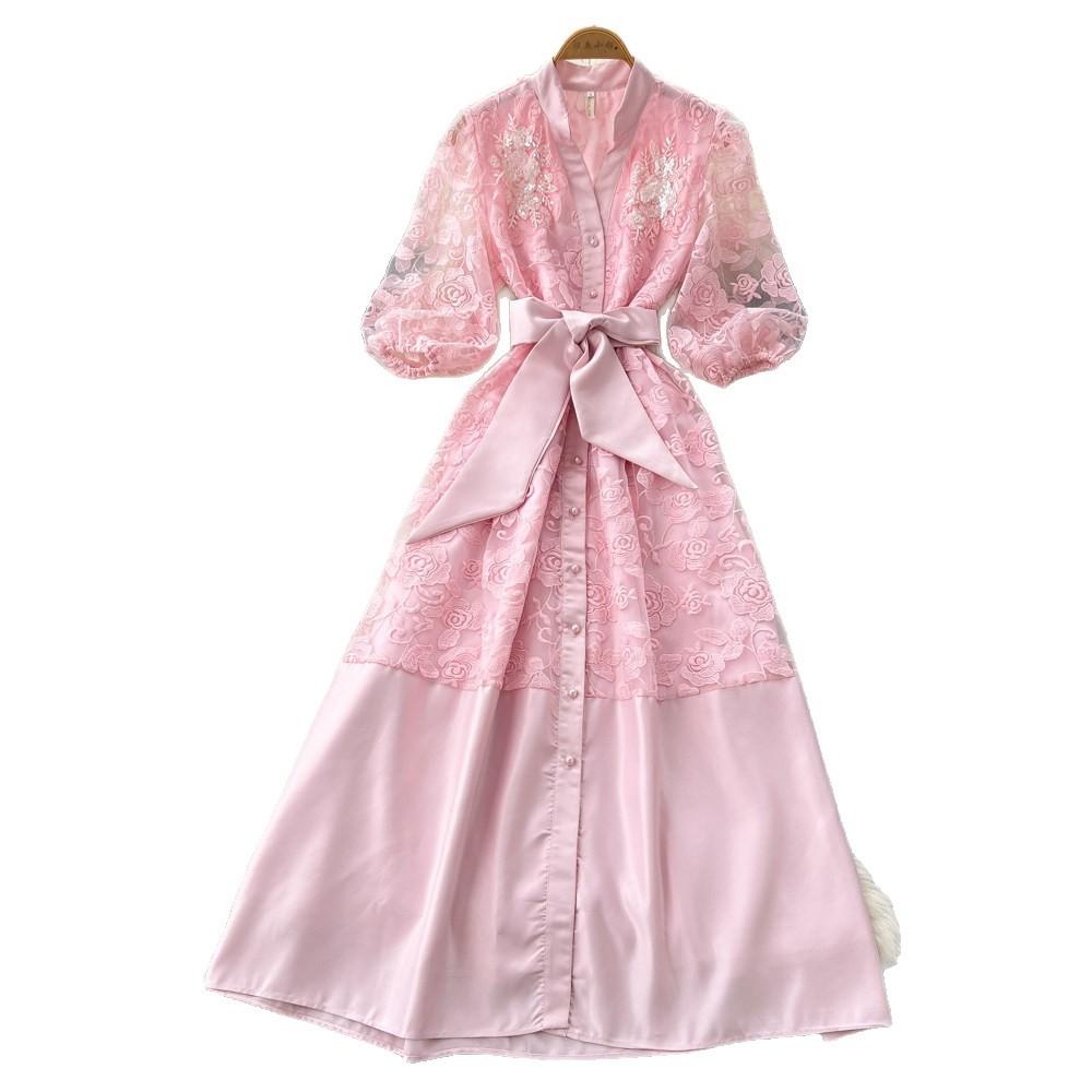 Lace A-word Embroidered Hollow Dress Women's Spring and Summer Long Sleeves Waist Thin Commuter Dress Pink