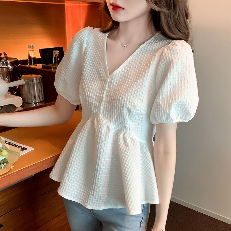 

Women s Summer 2024 Chiffon Blouse: Stylish, Waist-Slimming, Belly-Covering, Short-Sleeve Top S (recommended for 80-100 jin) білий