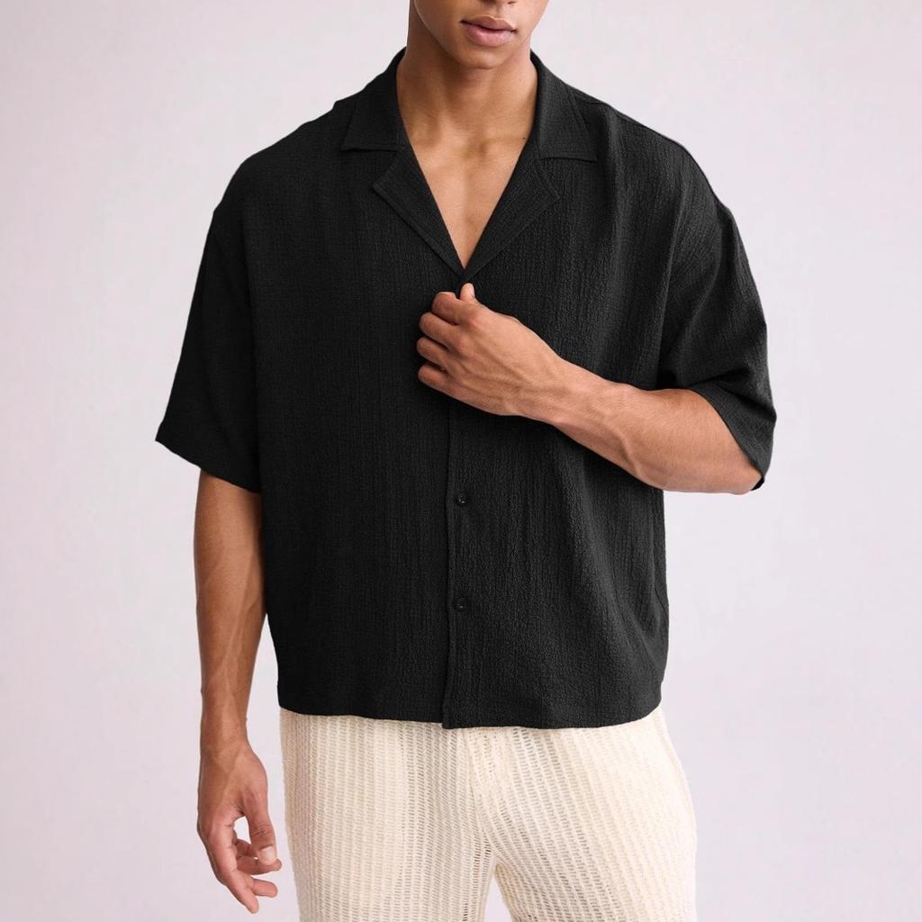Men's Solid Color Loose Pleated Style Trendy Short Sleeved Lapel Shirt