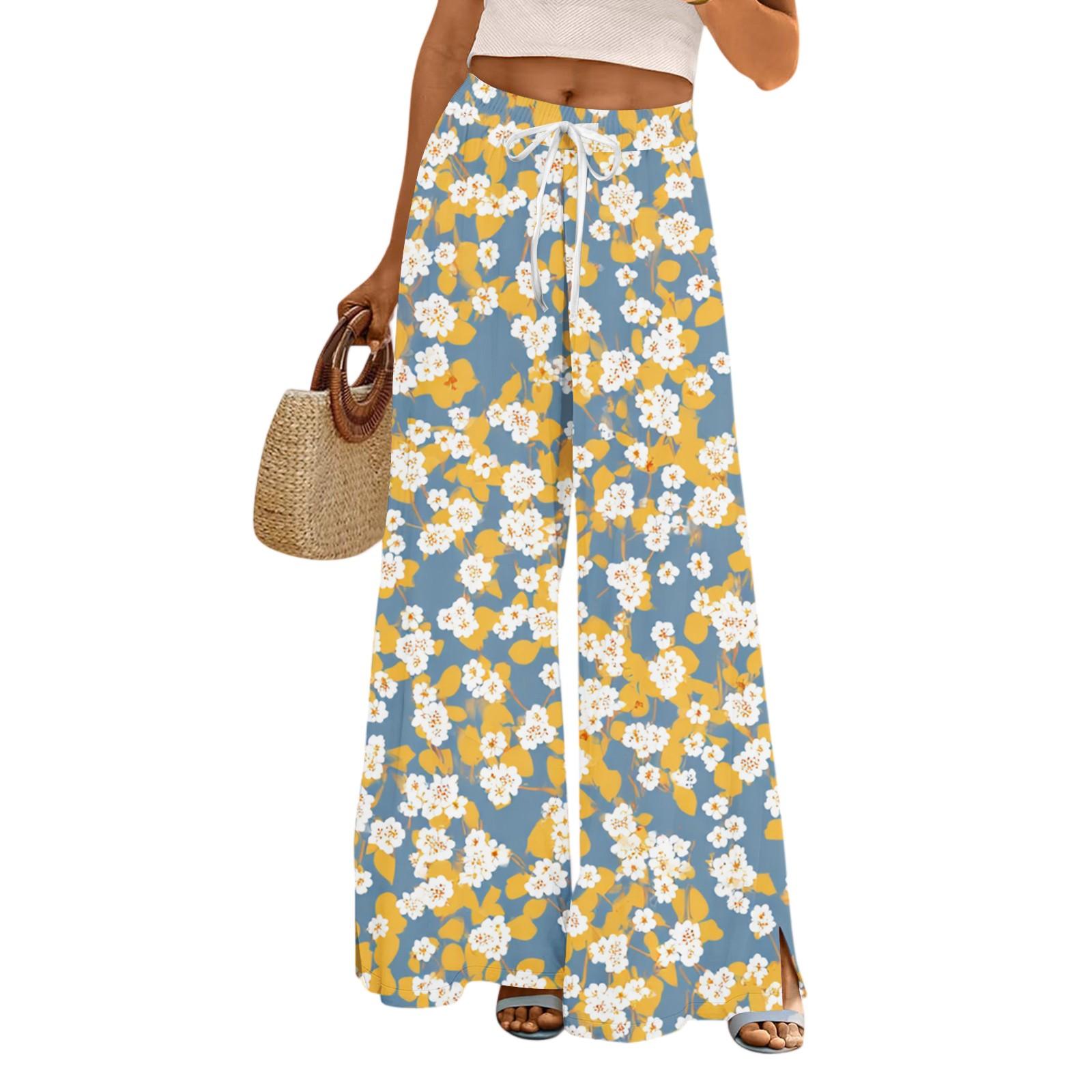 

Женские повседневные брюки с широкими штанинами, эластичным поясом, карманами, цветочным принтом и регулируемой завязкой XL жёлтый