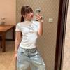 American pentagram leopard print front shoulder short-sleeved t-shirt women's summer new Spice Girl slim-fit versatile top