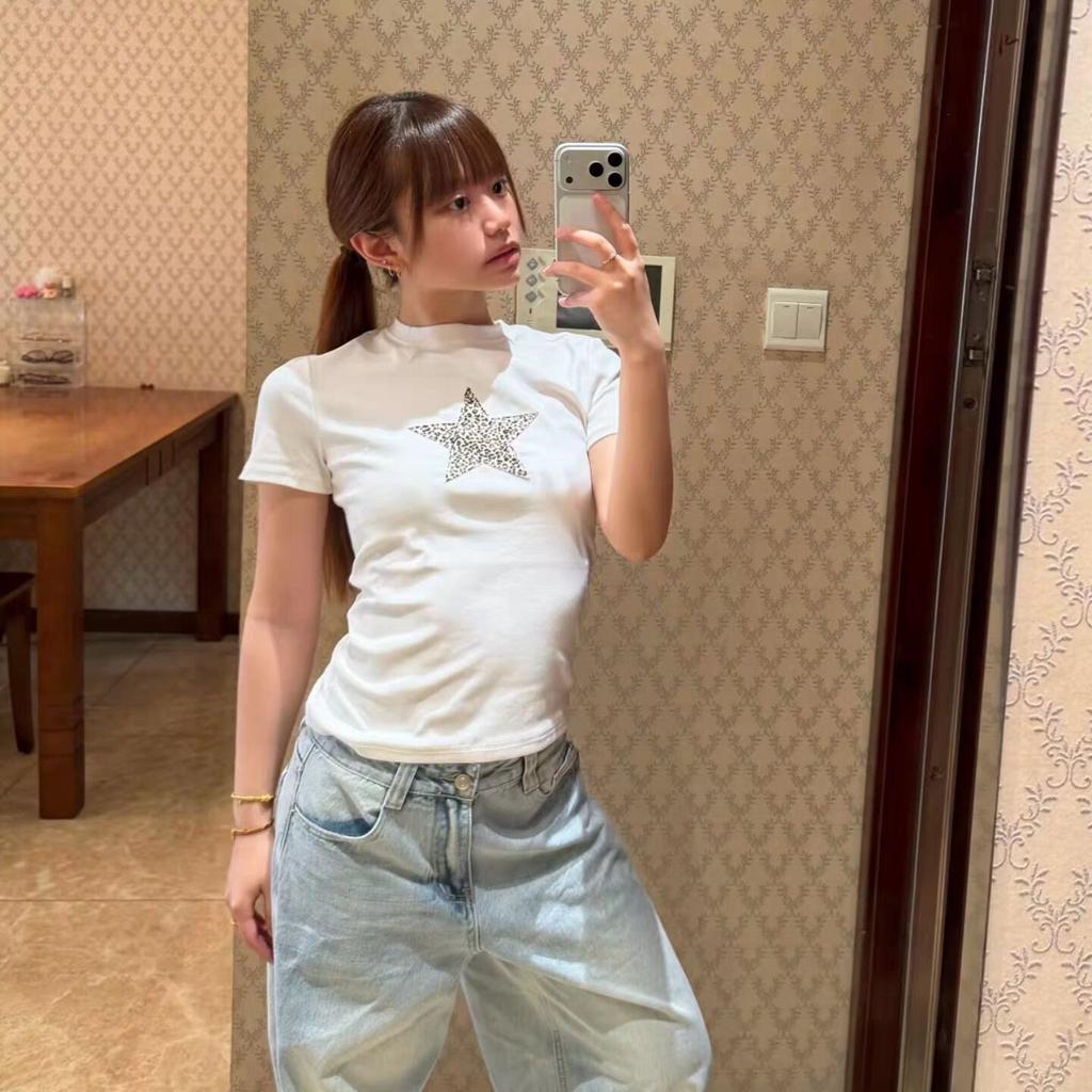 American pentagram leopard print front shoulder short-sleeved t-shirt women's summer new Spice Girl slim-fit versatile top