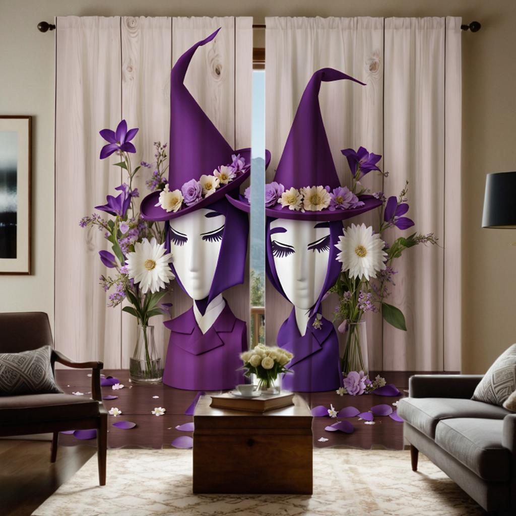 2pcs set HD Halloween Flowers Magic Witch Wizard Hat Curtain Purple tie digital printed curtain Home Decor style Decorate liv