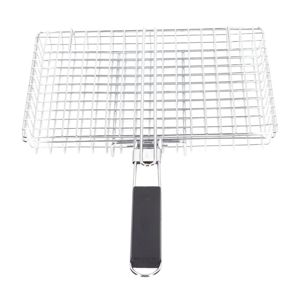 BBQ Grilling Basket Stainless Steel Folding Reusable Heat Resistant Wooden Handle Barbecue Rack for