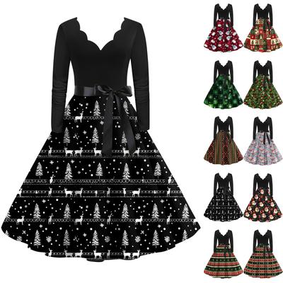 Women's Casual Fashion V-neck Long Sleeved Retro Christmas Print Retro Dress