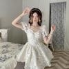 Summer Mori French Dress Square Neck Bubble Sleeve Fish Bone Pinch Waist Dress Jacquard Princess Pure Dress
