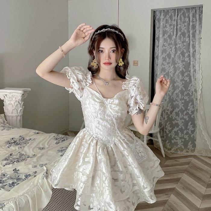 Summer Mori French Dress Square Neck Bubble Sleeve Fish Bone Pinch Waist Dress Jacquard Princess Pure Dress