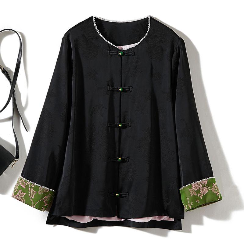 

Новый китайский костюм Тан с длинными рукавами, из атласа, ацетата, вискозы, однобортное пальто с круглым вырезом, женский, весна и осень, элегантный принт с темным узором Black XL