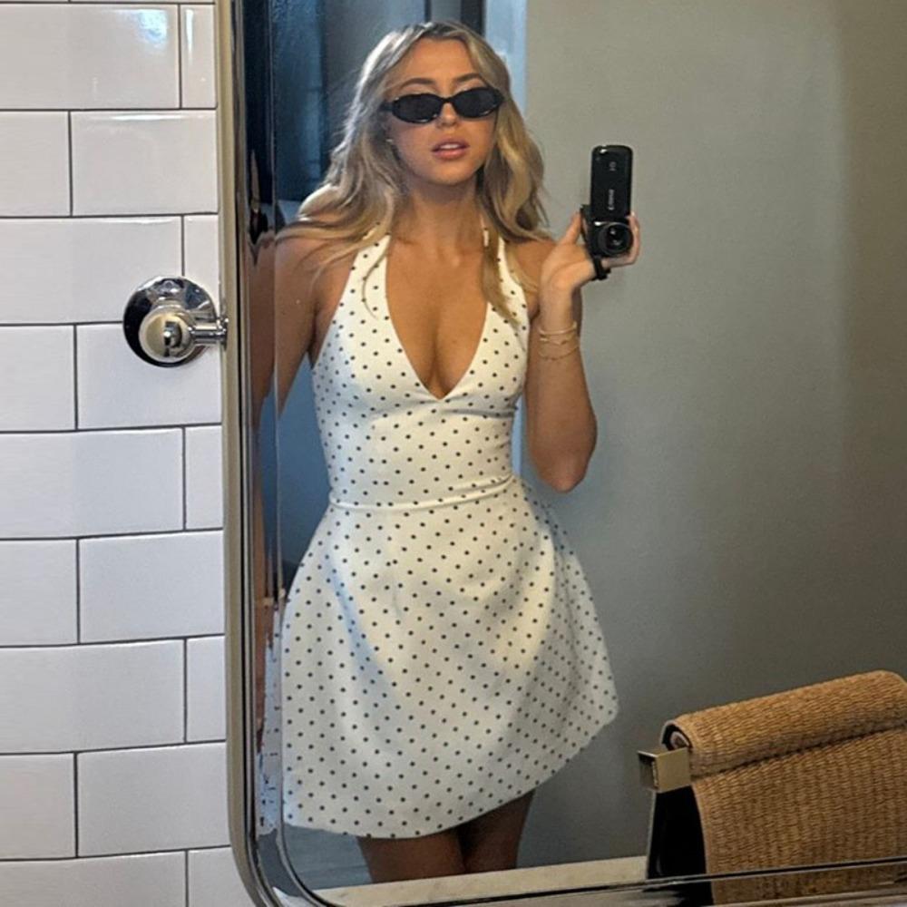 Robe Mini à Col Halter en V à Pois Sans Dos Coupe Ajustée Ligne A Robe d'Été pour Fête